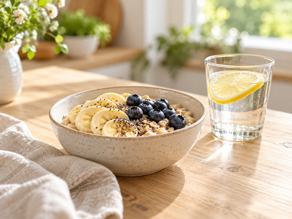 Breakfast with oats, fruit and a glass of water.