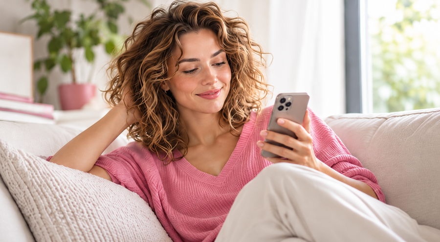 Une femme consulte son téléphone chez elle