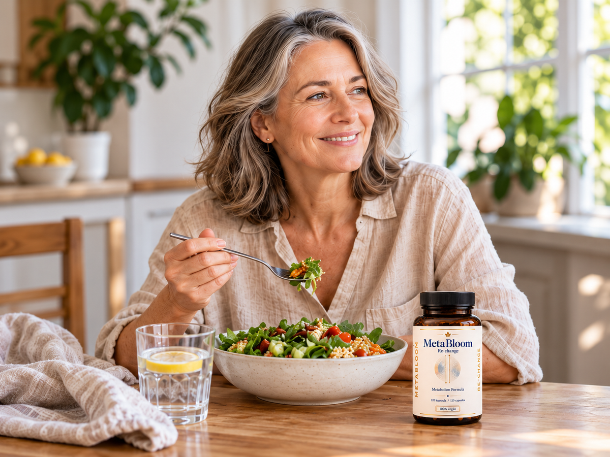 Woman enjoying lunch with water and MetaBloom Re-Change.