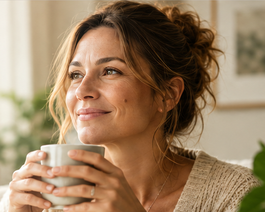 Woman enjoying a calm moment with a warm drink