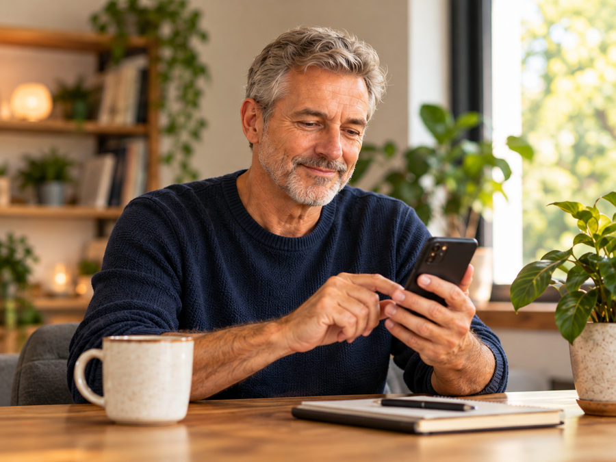 A man at home completing a questionnaire on his phone