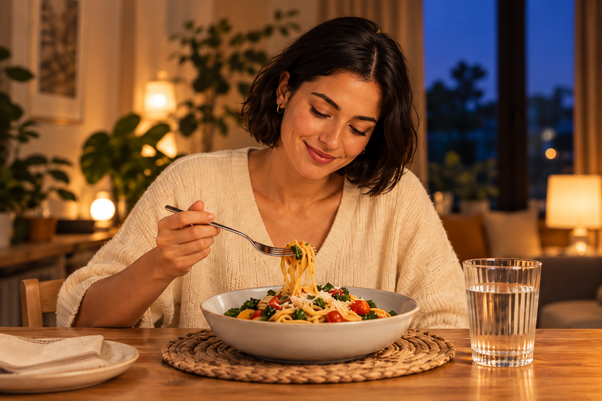 Une femme dîne chez elle avec des pâtes aux légumes et un verre d’eau.