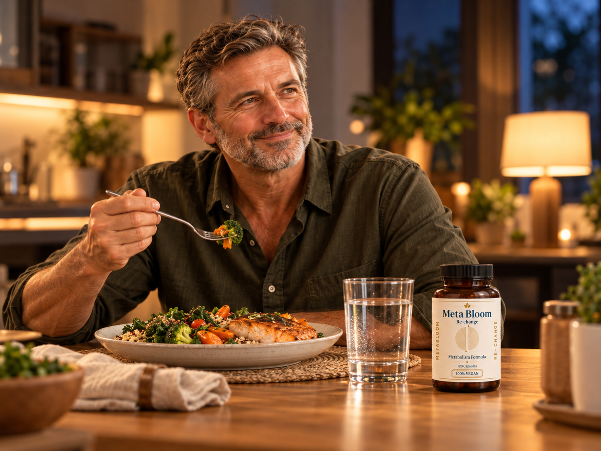 A man enjoying dinner with water and MetaBloom Re-Change at home.