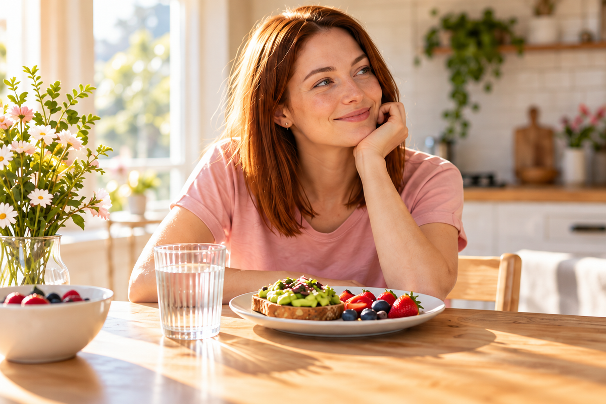 Une femme prend son petit-déjeuner avec un verre d’eau dans une cuisine ensoleillée.