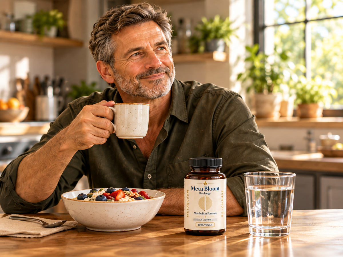 A man enjoying breakfast with water and MetaBloom Re-Change in a sunlit kitchen.