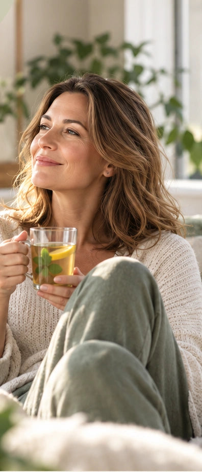 Woman relaxing at home with a warm lemon drink